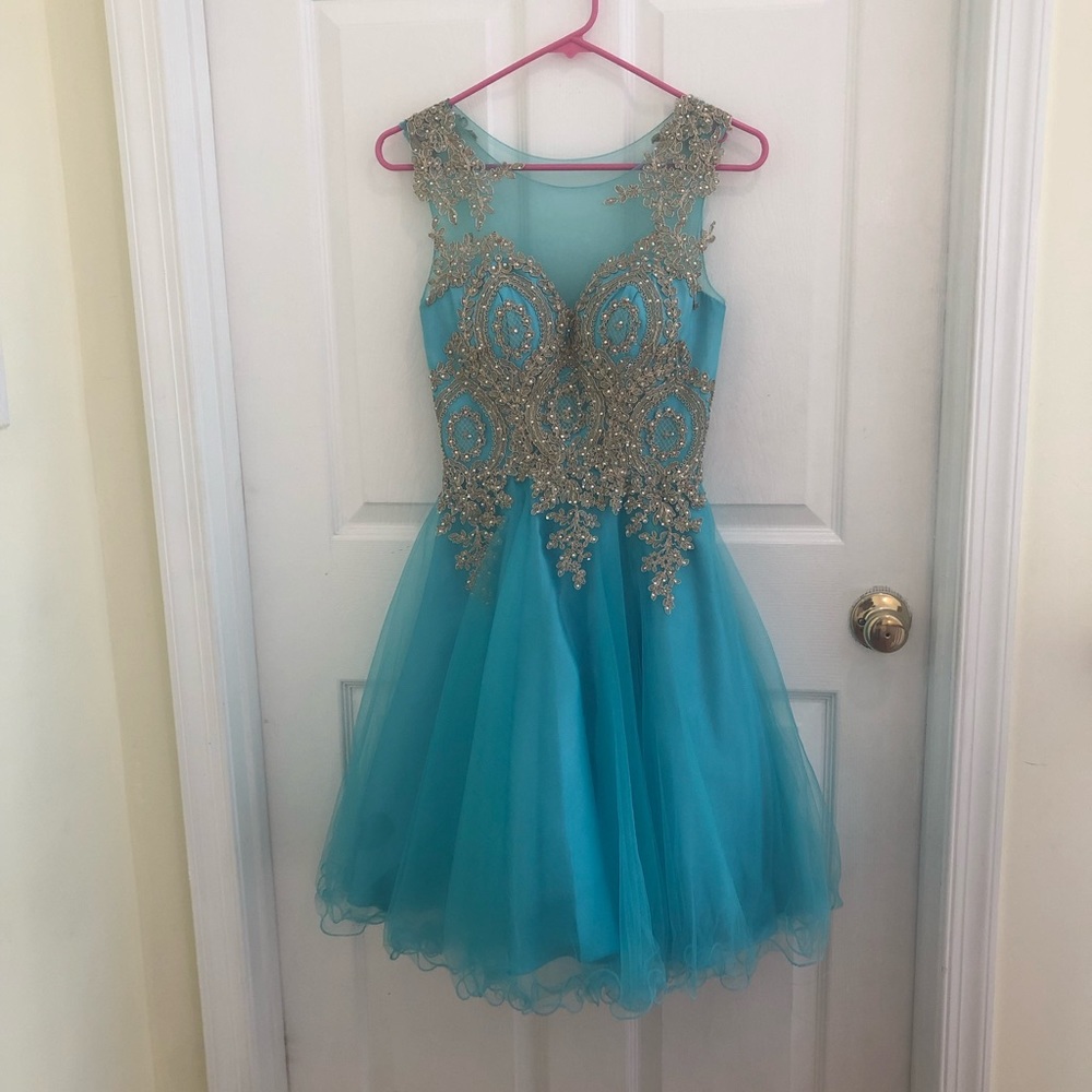Blue short prom dress with gold embroidery
